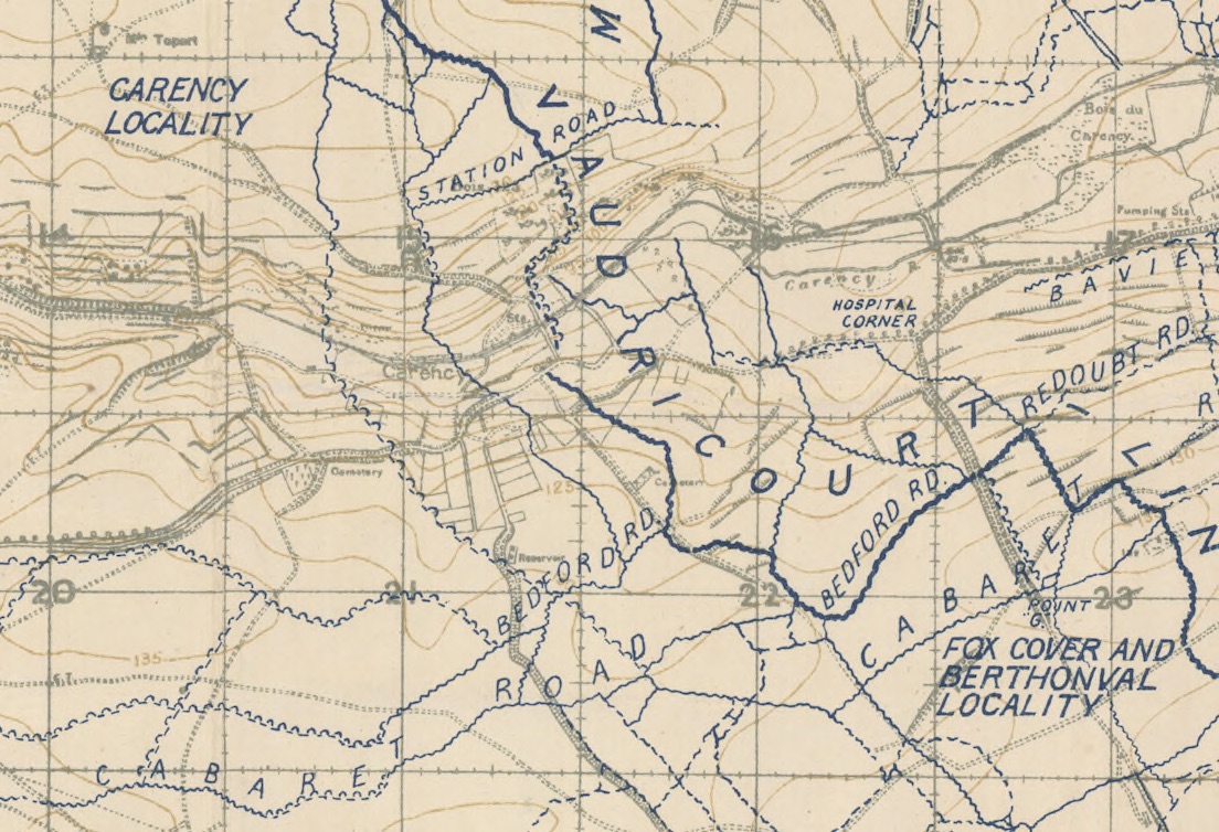 Military map showing
Carency and Hospital Corner